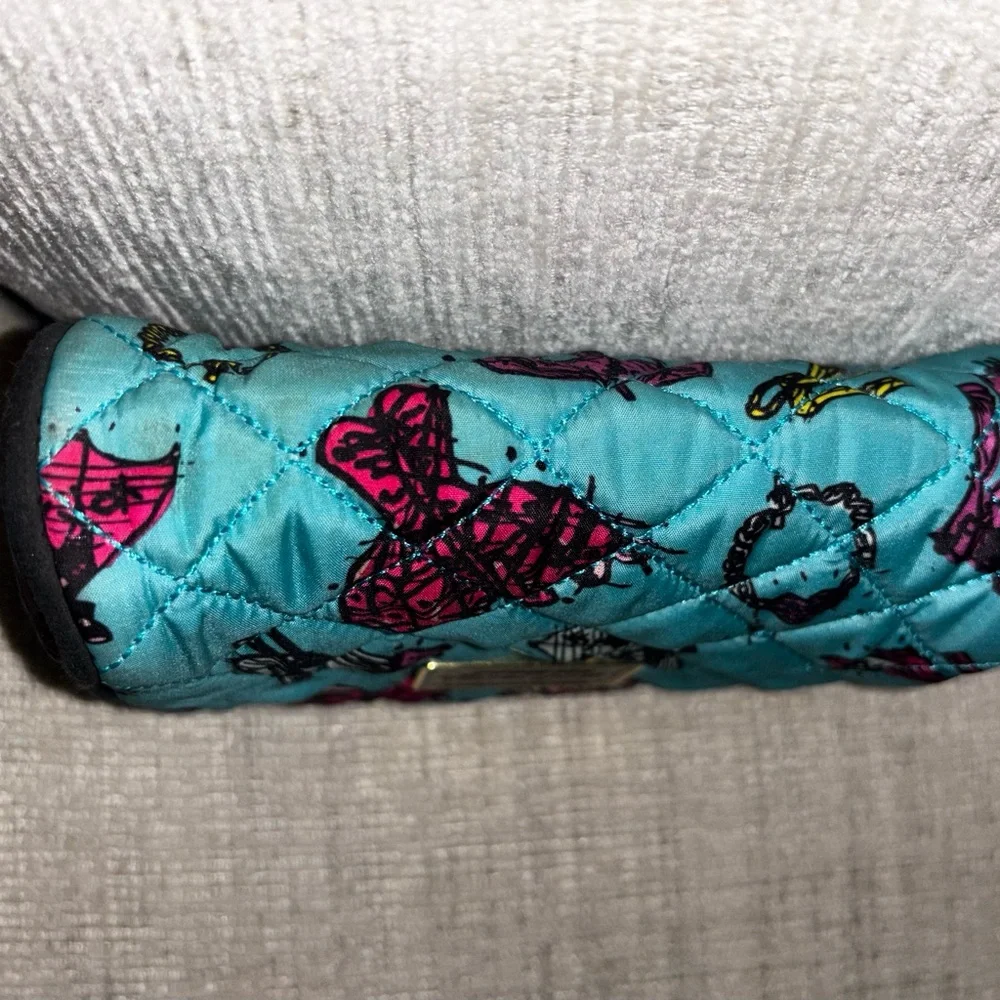 Betsey Johnson Teal Quilted Cosmetic Bag Y2K Girly Heart Zipper Makeup Pouch
